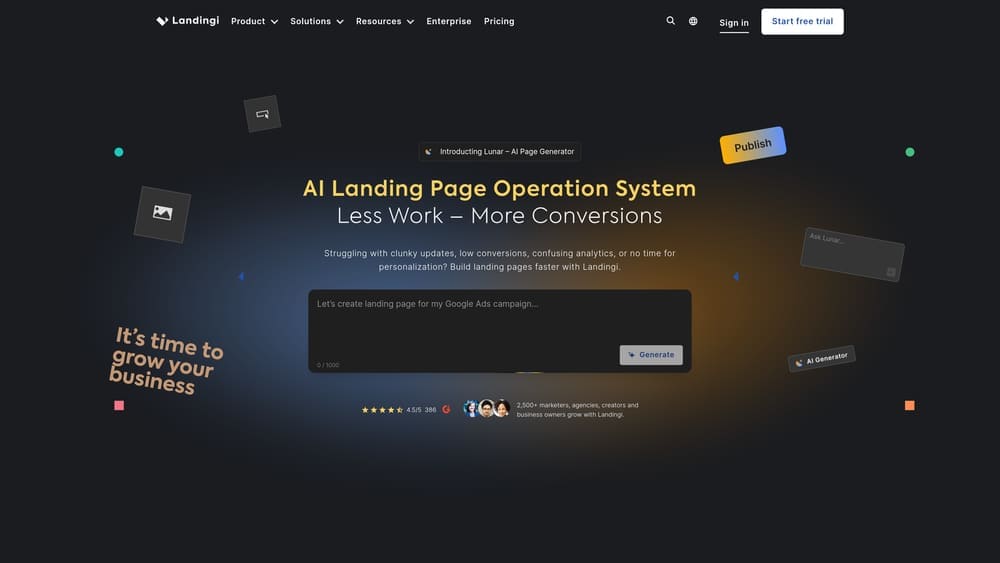 Screenshot of Landingi website