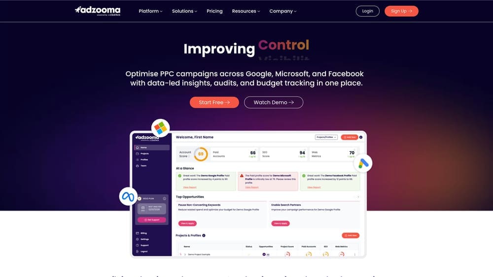 Screenshot of Adzooma website