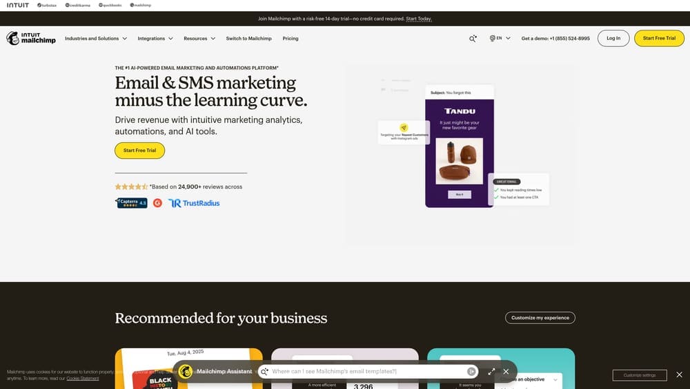 Screenshot of Mailchimp website