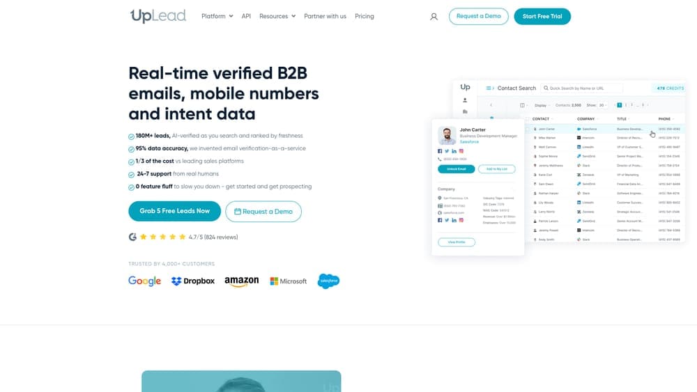 Screenshot of UpLead website
