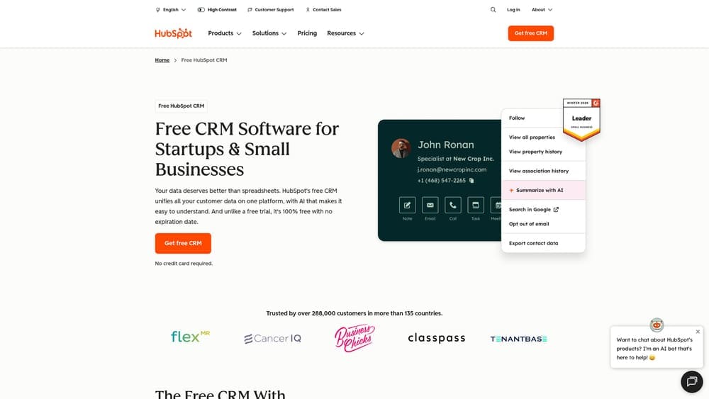 Screenshot of HubSpot CRM website