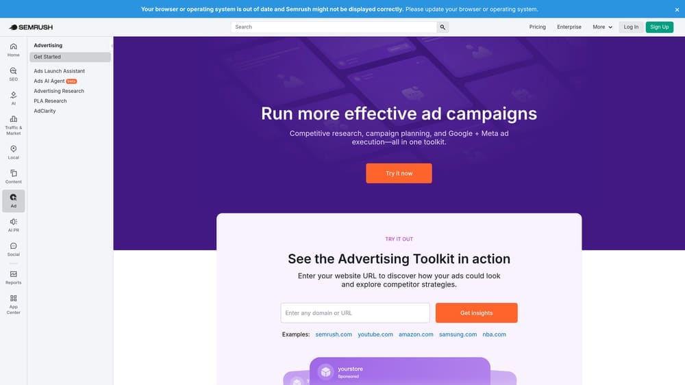 Screenshot of SEMrush Advertising Toolkit website
