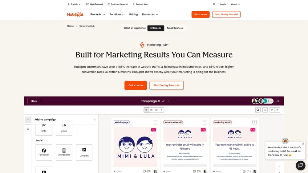 Screenshot of HubSpot Marketing Hub website