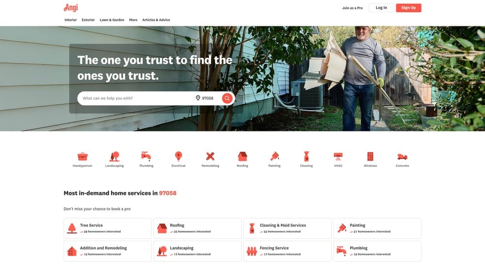 Screenshot of Angi website