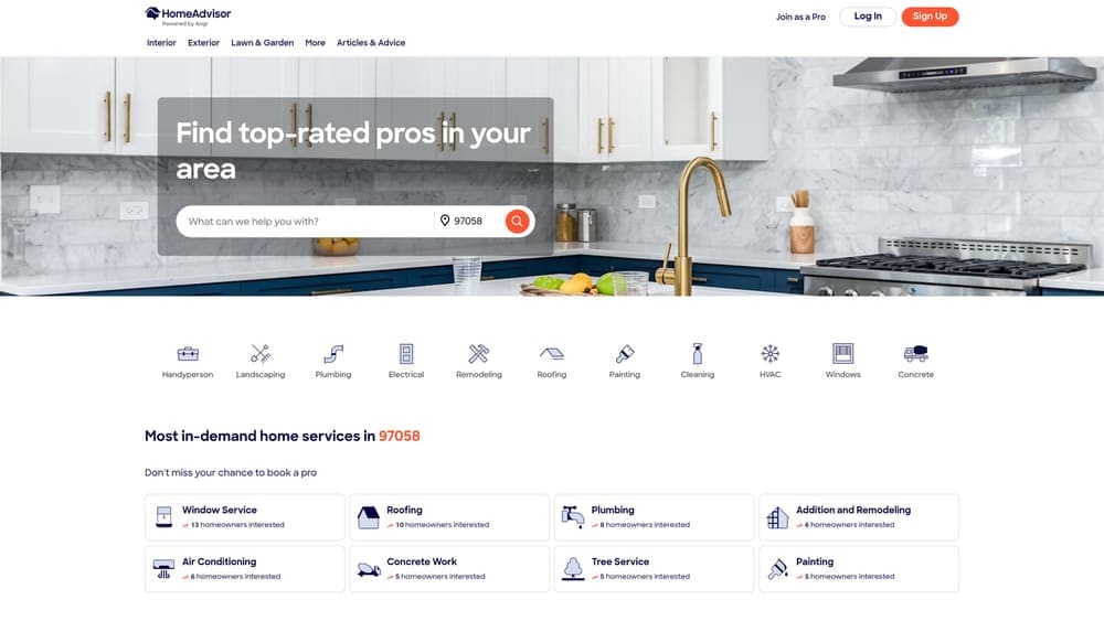 Screenshot of HomeAdvisor (Angi Leads) website
