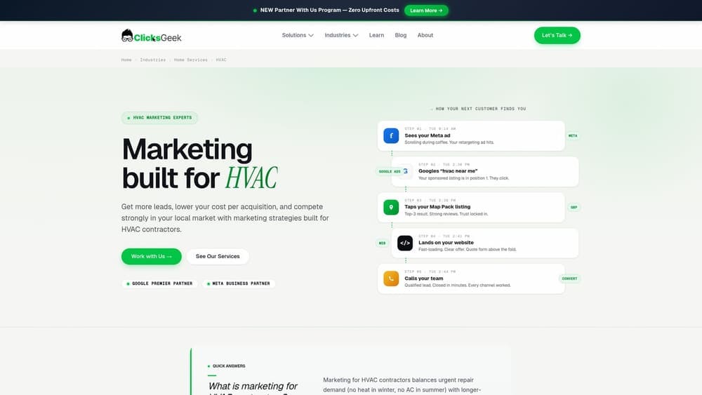 Screenshot of Clicks Geek HVAC Marketing website