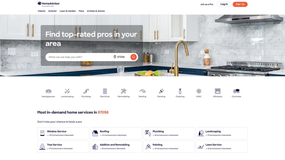 Screenshot of HomeAdvisor Pro (Angi Leads) website