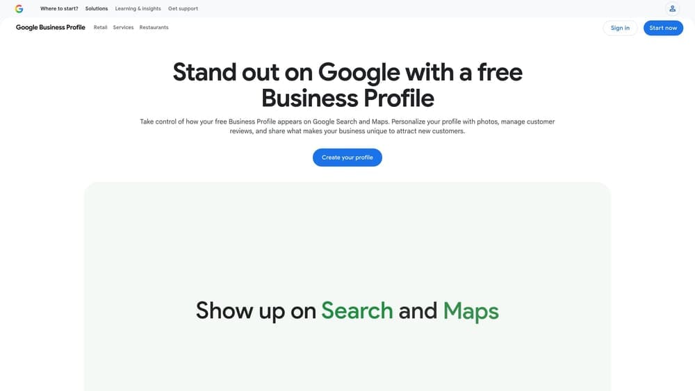 Screenshot of Google Business Profile website