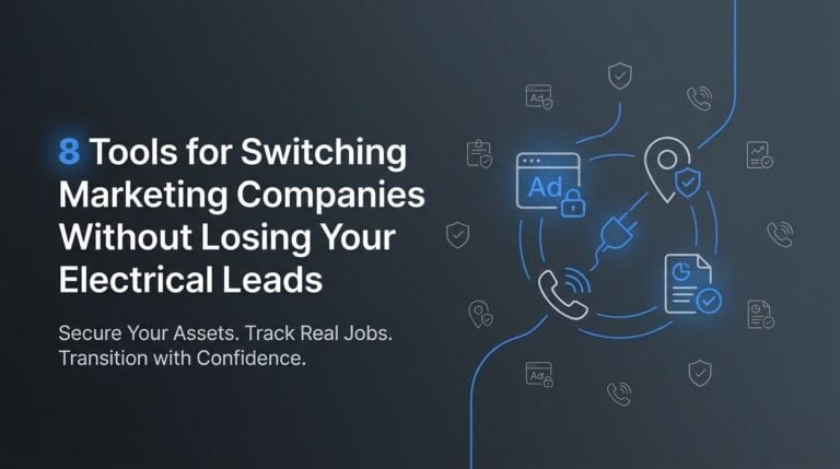 Graphic reading 8 Tools for Switching Marketing Companies Without Losing Your Electrical Leads, with icons for an ad account, a map listing and call tracking